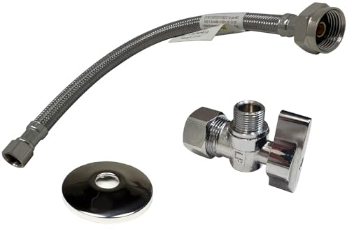 Complete Toilet Set Valve 1/2 in. NOM Inlet x 3/8 in. OD Compression Outlet Angle Shut Off + Escutcheon Plate + 12 Long Stainless Steel Braided Brass Nut Water Supply Line
