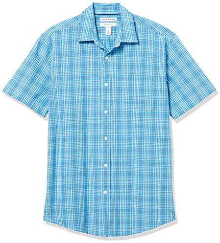 Amazon Essentials Men's Regular-Fit Short-Sleeve Poplin Shirt, Blue White Plaid, XXL