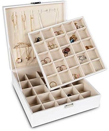 Frebeauty Ohrring-Organizer, klassische Schmuckschatulle, 50 Fächer, doppellagig, Schmuck-Aufbewahrungsbox mit 6 Halskettenhaken und Armbandtasche (Perlweiß)