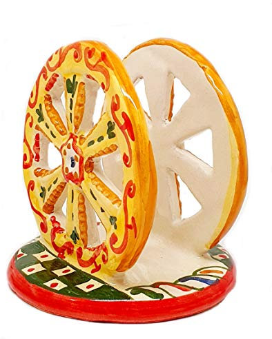 Sicilia Bedda - Portatovaglioli da tavola in Ceramica di Caltagirone - Prodotto Realizzato interamente a Mano - RUOTA CARRETTO SICILIANO CM. 13X11