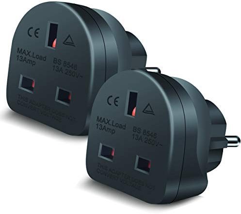EXTRASTAR UK to EU Europe European Travel Adapter, 2 Pack 3 Pin to 2 Pin Plug Adapter Convertor for Germany, France, Spain, Portugal, Greece, Netherlands and More - Black