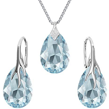 Ohrringe Silber 925 Hängend - Kette Damen mit Anhänger - Schmuck Set für Sie - mit Kristallen - Halskette Damen Silber 925 - elegante Ohrringe Hängend - Silber Kette - Birnenform (Aquamarin)