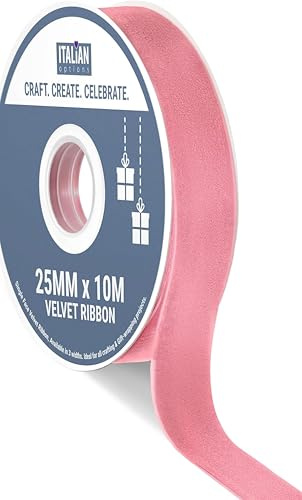 Italian Options Velvet Ribbon, Luxury, Single-Face Velvet Ribbon for Crafting, Christmas, Bows, Hair, Cakes, Weddings, Ornaments, Gift Wrapping, Flowers, 25mm x 10 Metre Roll, Vintage Pink