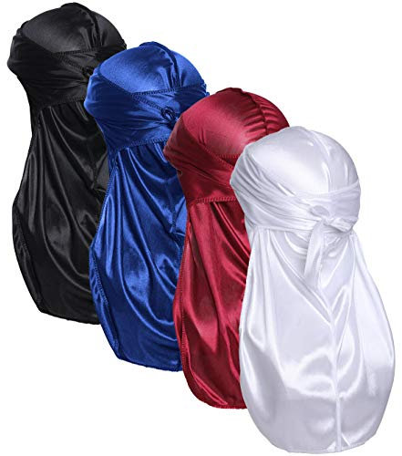 JarseHera Silk Durag for Men Waves Silky Extra Long Tail Wide Straps Designer Du-rag Do Rags for Waver (Durag Silk-Black+Blue+Wine+White,4 Pair)