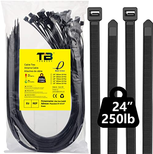 Fascetta Plastica Ultralunga 600mm x 12,4mm Grande Fascette Elettricista Cravatta con Cerniera Nera per Impieghi Gravosi, Fascetta in Nylon Nero, 30 Pezzi Fascette Ultra-Lunga Ziptie