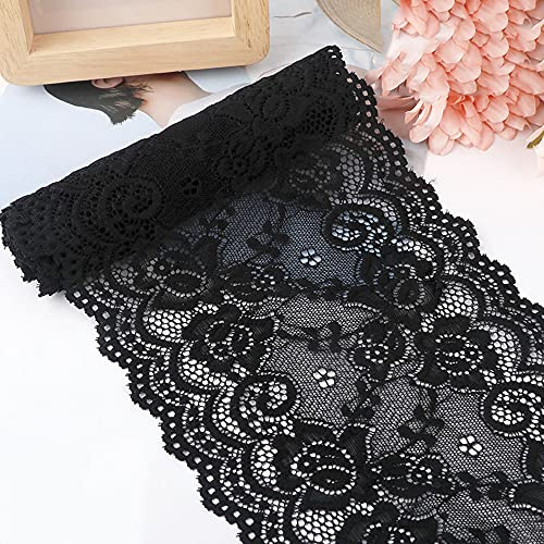 15cm x 5m Elastizität Spitzenband Spitzenbordüre Spitzenborte Zierband Dekoband Spitzen Borten Bänder zum Nähen,DIY Basteln,Deko für Kleidung Unterwäsche Dessous Hochzeitskleid Tischdeko,Schwarz