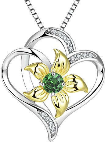YL Collier Coeur Argent 925 couper Mai Pierres de Naissance Vert Oxyde de Zirconium Pendentif Amour Fleur de Lys pour Femme, Chaîne 45+3CM