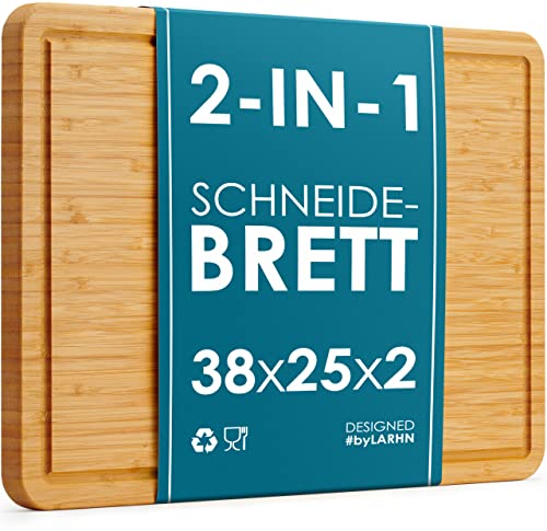 Premium Organic 2-in-1 Large Wooden Chopping Board & Serving Tray – 38x25x2cm – Multi-Purpose Bamboo Cutting Board with Juice Groove for Carving Meat, Vegetables, Cheese and Bread - by LARHN