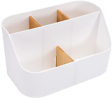 QH-Shop Schreibtisch Organizer Fernbedienung Halter mit 5 Holz Fächer Büro Bleistifthalter Desktop Aufbewahrungsbox für Stifte Schere Gläser Fernbedienung Weiß