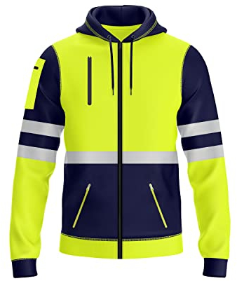 NOROZE Sweat à Capuche Haute visibilité avec Fermeture éclair sur Le Devant pour Homme Bande réfléchissante - Haute visibilité - avec Fermetures éclair (M, Style 1: Vert Fluo/Marine)