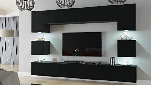 Furnitech Wohnwand Wohnzimmer Möbel (Schwarz matt) mit LED Blau - Hängend Wohnzimmerwand Modern - Schrankwand mit Regale und TV Schrank (Nowara AN1-17B-M52 1C Matt)