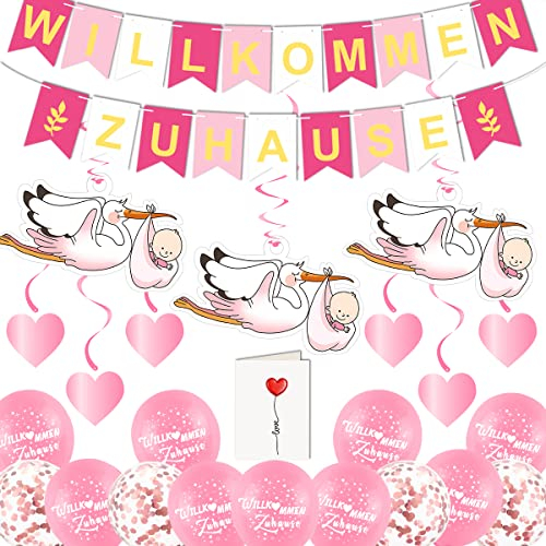 Willkommen Baby, Vormontiert Willkommen Zuhause Baby Mädchen, Welcome Home Baby, Herzlich Willkommen Girlande, Mit 6 Stück Storch Geburt, Girlande Geburt Mädchen,Willkommen Zuhause Deko