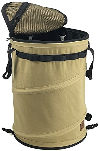 Sutekus Pop Up Storage Bin Collapsible Trash Can Recycle Container Reusable Utility Storage Bag with Zippered Lid for Camping, Laundry, Garden (Khaki Color)