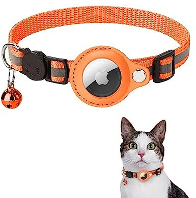 Airtag Katzenhalsband, Reflektierendes AirTag Katzenhalsband mit AirTag-Halterung und Glocke, GPS Leichte Tracker Katzenhalsbänder, Katzen-AirTag-Halsband mit Abbrechbarer Sicherheitsschnalle(Orange)
