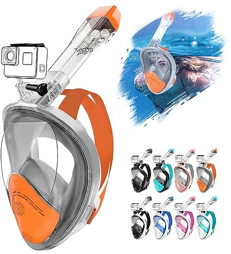HINATAA Tauchermaske,Schnorchelmaske,180° Anti-Fog Lecksichere Schnorchelset,Kameras Kompatible Taucherbrille,Doppelte schwimmende Kugel Vollgesichts Snorkeling Mask Erwachsene Kinder (S/M, Orange)