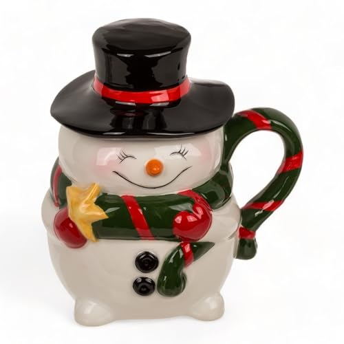 MIK funshopping Tazza natalizia, tazza in ceramica di alta qualità con design natalizio, ideale per bevande calde e fredde, pupazzo di neve con cappello come coperchio, 300 ml