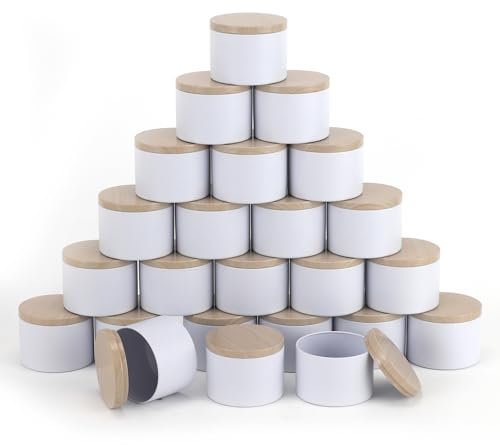 NEXBEXES Lot de 24 boîtes à bougies blanches de 226,8 g avec couvercles en métal imprimé grain de bois pour la fabrication de bougies, pots à bougies (113,4 g, blanc)