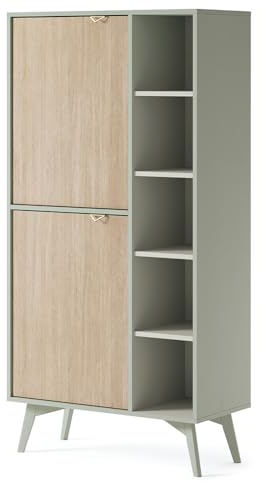 Lomadox Regal Highboard Vitrinenschrank in grün, Front mit Fischgrätenmuster