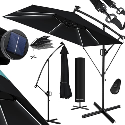 KESSER® Ampelschirm Holly Sonnenschirm Rechteckig LED Solar inkl. Abdeckung | Kurbel-Schirm mit Ständer UV-Schutz Aluminium Wasserabweisend Ø350cm Gartenschirm Schwarz
