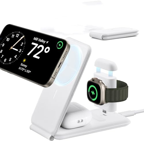ESR Qi2 3 in 1 Ladestation Apple Watch und iPhone, 15W MagSafe Ladestation mit Apple Watch [Zertifiziert], Reiseladegerät für mehrere Geräte iPhone 17/16/15/14/13/12 & Watch & AirPods, Weiß