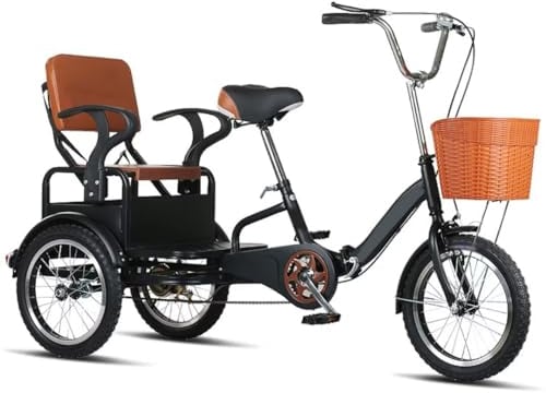 Zusammenklappbares Dreirad für Erwachsene,16-Zoll-Tandem-Dreirad mit Rücksitz für ältere Menschen,dreirädriges Cruiser-Dreirad mit empfindlichen Bremsen,höhenverstellbarem Sattel und Lenker