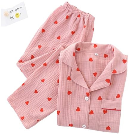JosuE Ensemble de Pyjama à imprimé cœur, Ensemble Pyjama en Coton,Rose,L