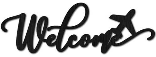 CREATCABIN Wort-Ausschnitt-Schild Willkommen,Holz-Wanddekoration,Buchstaben-Skulptur,Flugzeug-Willkommensschild,Schwarze Holz-Laser-Unlackierte Scheiben,Basteln-Wand-Heim-Ornamente,Kunstdekor 30x10cm