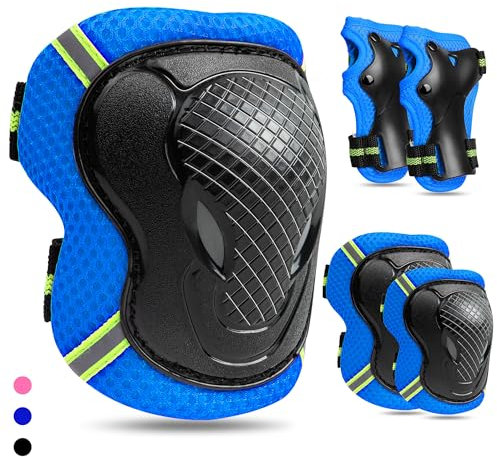 FAYITING Kids' Protective Gear 6-In-1 Set Knee Wrist and Elbow Pads for Scooter Bike Skateboard Roller Skating Quad Bike Mountain Bike Climbing (BLUE, S)