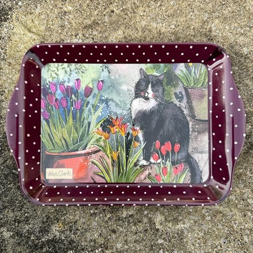 ALEX CLARK Cat and Tulips Small Tray - Perfect for cakes, snacks and tea/indoor and garden use/cat lover/gifts/kitchen/food serving tray