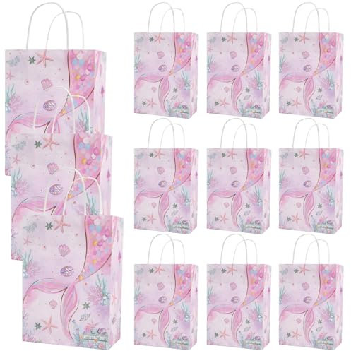 Nivofu 12 Stück Geschenktüten Bunt, Meerjungfrau Party Taschen, Papiertüten aus Kraftpapier mit Henkel, Gastgeschenke Tüten, Mitgebseltüten, Geschenktüten für Geburtstag - 15 * 8 * 21 cm (Rosa-B)
