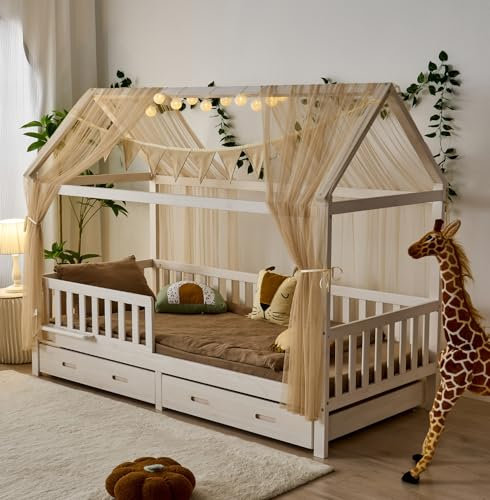 ALAVYA HOME® Lot de 3 pièces de décoration pour lit d’Enfant, avec 2 baldaquins, 1 Guirlande de fanions de 300 cm de Long, 150 x 350 cm, en 100% Coton Biologique (Beige)
