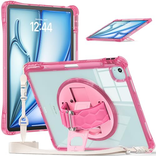 Case for iPad (A16) 11th Generation 11 Inch 2025, iPad 10th Generation 10.9 Inch 2022 Crystal Clear Case Shockproof Military Grade Back Cover with Silicone Bracelet Shoulder Girdle Pink