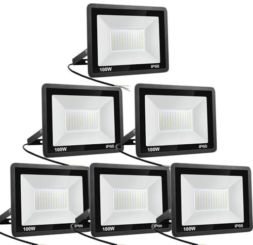 Niserelesa 6PCS-100W LED Strahler Außen,Superhell 10000LM Scheiwerfer LED-Strahler, IP66 Wasserfest Fluter 6500K Kaltweiß Flutlicht Außenleuchte,für Hinterhof, Auffahrt, Türen, Garage, Flur, Garten