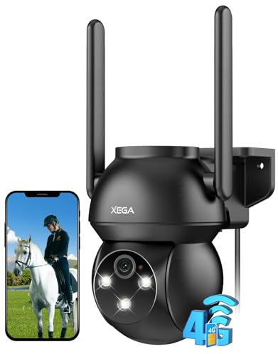 Xega 4G LTE Camara Vigilancia Exterior con Tarjeta SIM, 24/7 Grabación, PTZ Seguimiento Automático, Detección Humana, Foco y Sirena Visión Nocturna en Color 2K HD Almacenamiento TF/Cloud IP66
