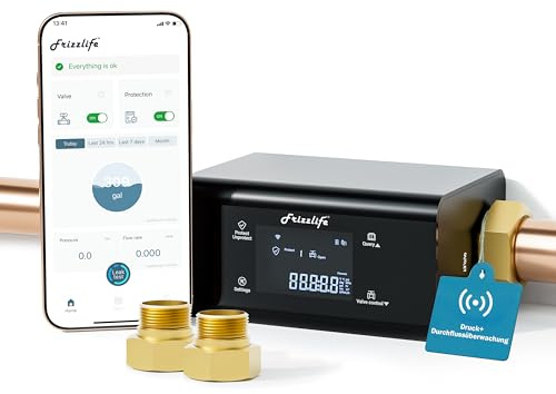 Frizzlife LP365-P Wassermonitor & Absperrventil | Ultraschall-Mikroleckageerkennung (0,04 l/min) | WLAN-App | Druck- & Durchflussüberwachung | 24/7 Verbrauchsdaten | für 3/4 und 1