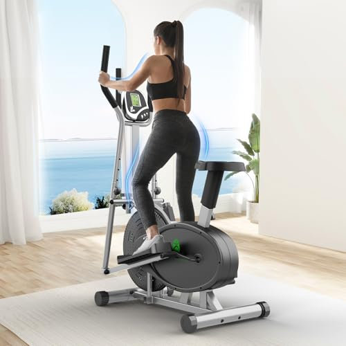 Yonisee 2-in-1 Ellittica Da Casa, Macchina Ellittiche Con Sedile Ergonomico, Resistenza Regolabile, Monitor LCD, Pedale Antiscivolo, Sensore Di Frequenza Cardiaca, Stepper Ellittico Aerobico (Argento)