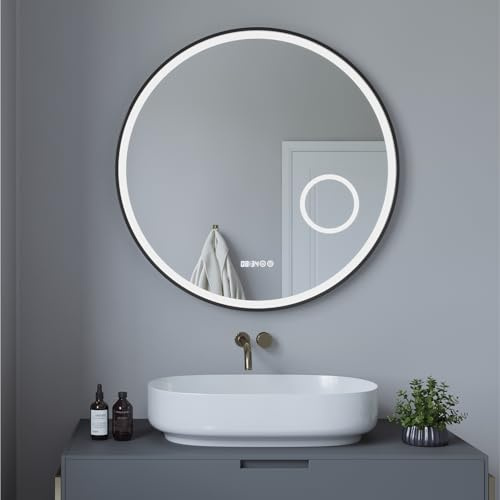 AQUABATOS Badspiegel mit Beleuchtung Antibeschlag 60 cm Rund Schwarz Uhr Badezimmerspiegel LED 60x60 Wandspiegel mit Rahmen Kosmetikspiegel Wandspiegel Lichtspiegel Touch für Wandschalter
