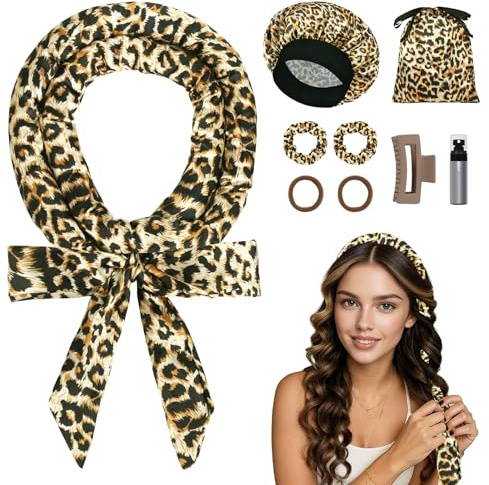Ystrybo 9 PCS Heatless Overnight Curls Lockenwickler über Nacht, Satin Locken ohne Hitze Heatless Curls Band für Lange Haare, Locken über Nacht, Haarnudel Lockenwickler ohne Hitze - Leopard Gold