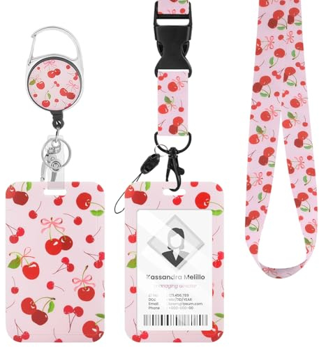 Fycyko Porte Badge avec Ruban Enrouleur, Porte Badge Tour de Cou Motif Cerise avec Ruban Rose et Rouge, Porte-carte d'Identité pour Étudiants​,Femme Infirmiere Accessoires-Motif Cerise