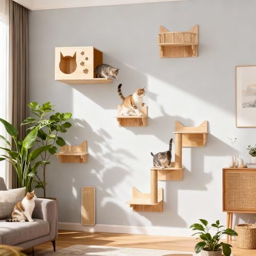 Étagères Murales pour Chat 6 en 1, Arbre à Chat Mural Bois, Jusqu’à 15 kg | avec Maison, Tour, Plateformes, Escalade, Tapis de Sisal, Meuble Mural Gain de Place pour Chat, Aménagement Mural
