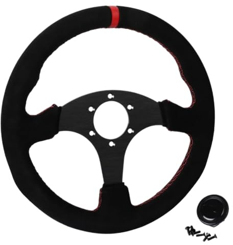 AcvCnyCmv 330mm Flat Steering Wheel Suede Aluminum Frame 13 Inch Drift Racing Pc Game Steering Wheel Compatible With Universal Gaming Controllers(6028BK-MS-RD-RD)