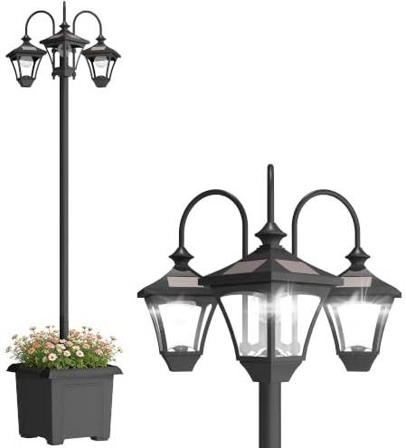 Outsunny Solar Laterne Stehleuchte mit Blumentopf 185cm Höhenverstellbar | Außen Gartenlaterne, 3 Lampenköpfe, Lichtsteuerung Schalter, IP44, Solar Laternen Solarlampen, für Garten Balkon