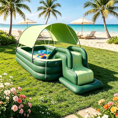 Aufblasbarer Pool mit Rutsche und Sonnendach, langlebiger PVC-Familienspaßpool für Hinterhof und Garten, Sommerunterhaltung im Freien, einfache Einrichtung