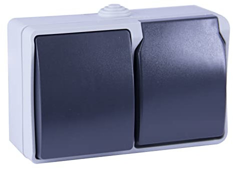 Dio Conjunto de interruptor conmutador + enchufe 2P+T en superficie Aquatop IP54 Gris y Blanco