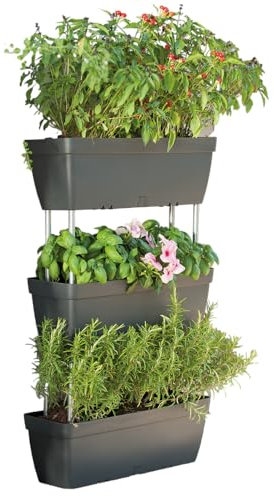 Set Di 3 Fioriere 50x 17cm Grigio Cemento In Plastica Componibili E Impilabili, Con Riserva D'acqua, Con Aste Di Assemblaggio Incluse