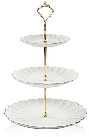 Sweejar Home 3 Tier Ceramic Cake Stand, Tiered Wedding Dessert Cupcake Stand for Tea Party Food Server Display (White)