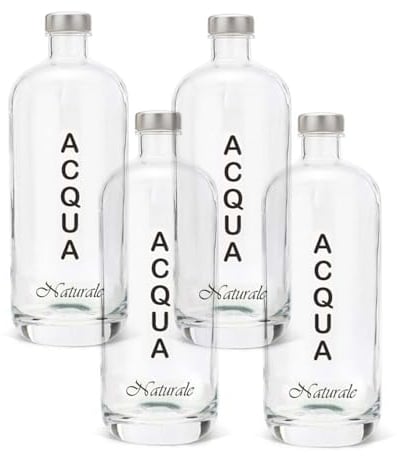 BrandPrint Set di 4 Bottiglie in Vetro per Acqua Modello Artemide 1 Litro con Tappo a Vite in Alluminio. Per Bevande e Succhi (4 Naturali)