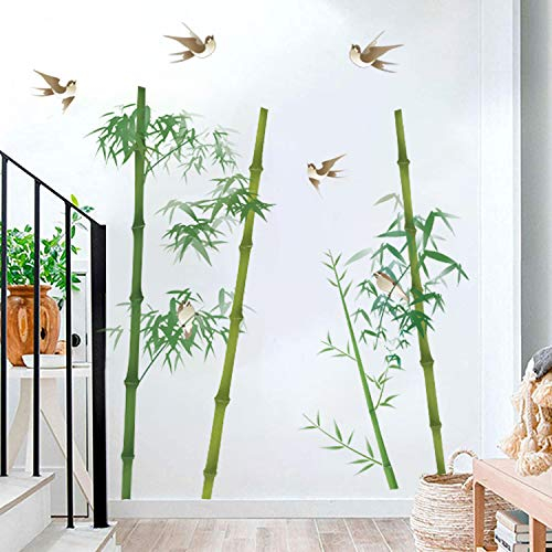 Runtoo Stickers Muraux Bambou Autocollant Mural Arbres Oiseaux Amovible Deco Stickers Chambre Salon Bureau Decoration