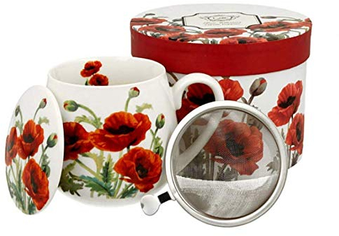 DUO FLORAL Fassbecher 430 ml CLASSIC POPPIES mit Teesieb, New Bone China Porzellan
