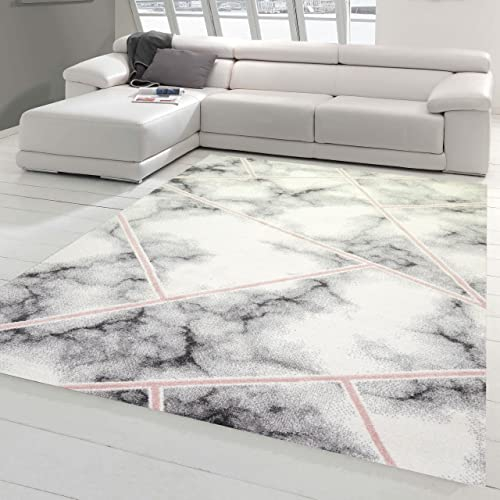 Teppich-Traum Designer Schlafzimmerteppich - langlebig - abstraktes Marmormuster rosa grau Creme Größe 140x200 cm